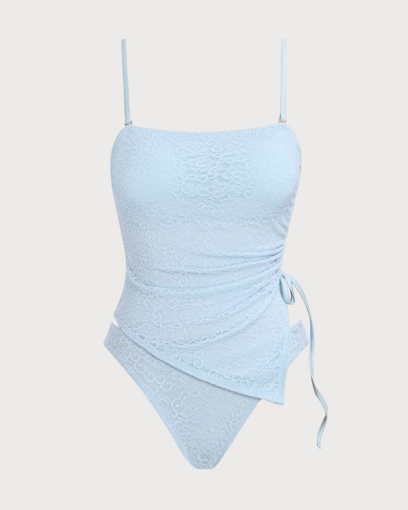 Blue Ruched Lace Tankini Swimsuit
