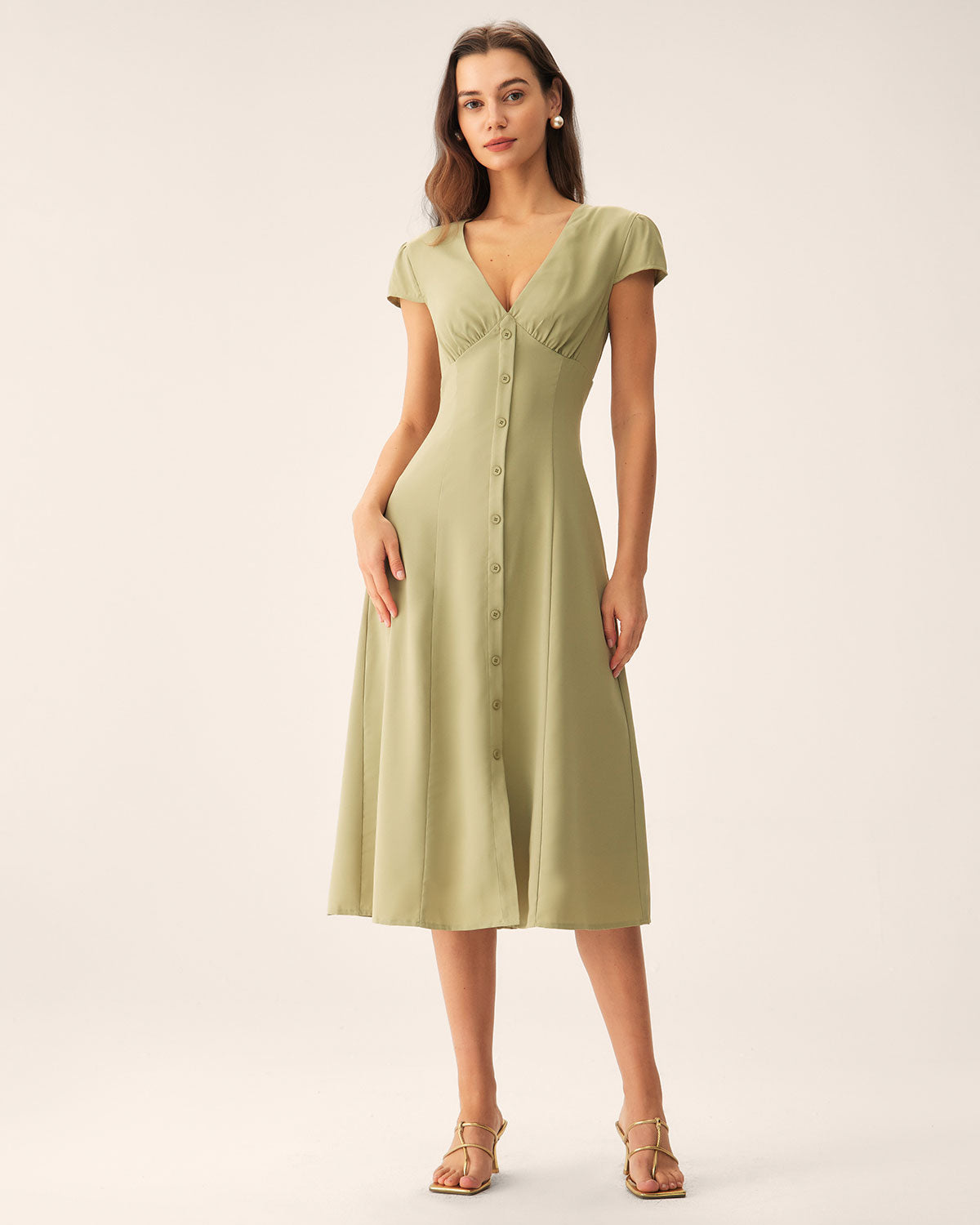 Green V-Neck Button Midi Dress Green V-Neck Button Midi Dress