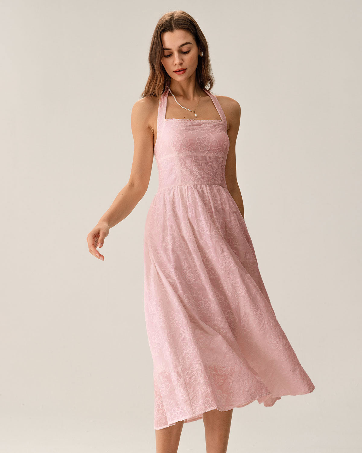 Pink Embroidery Halter Midi Dress
