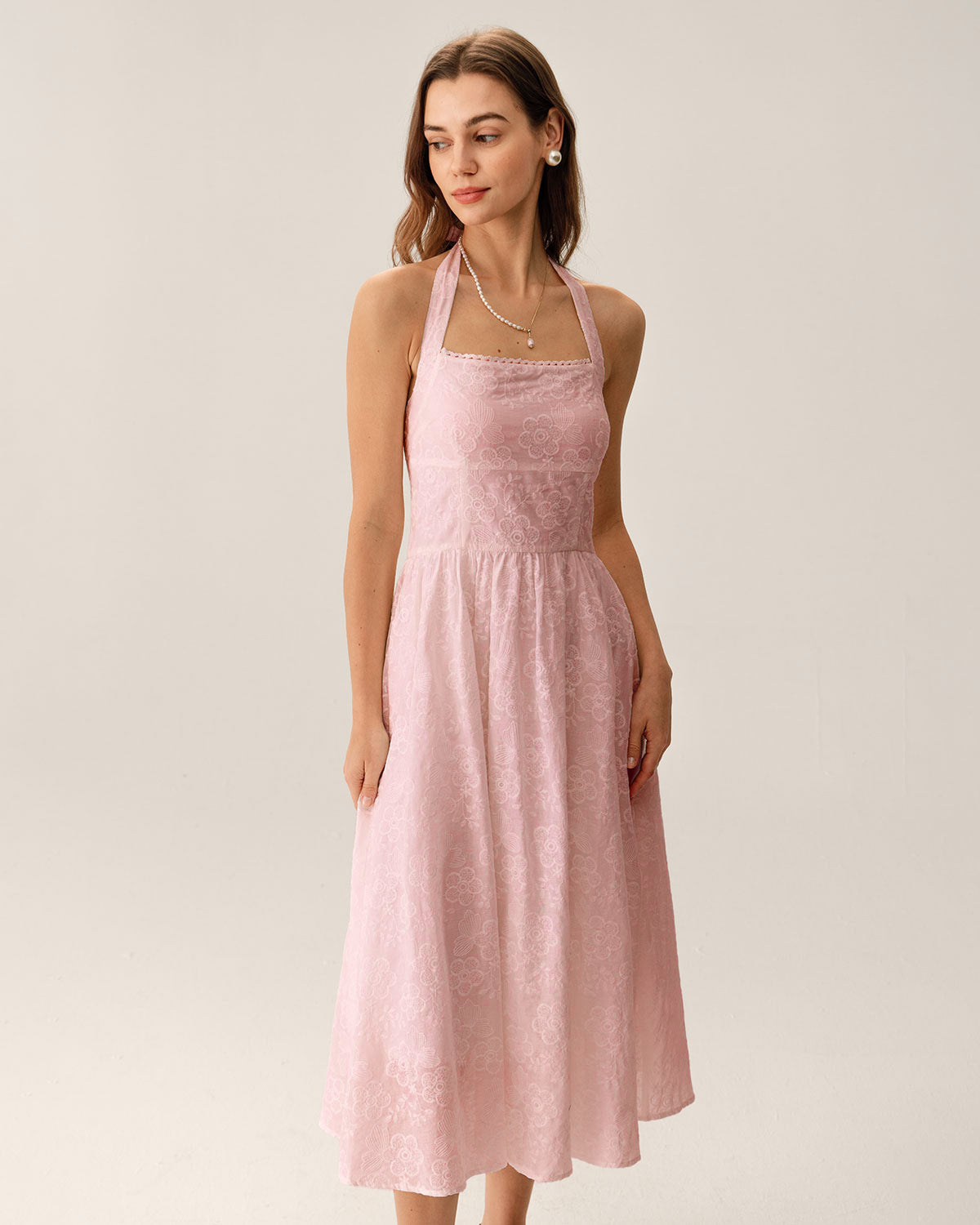 Pink Embroidery Halter Midi Dress