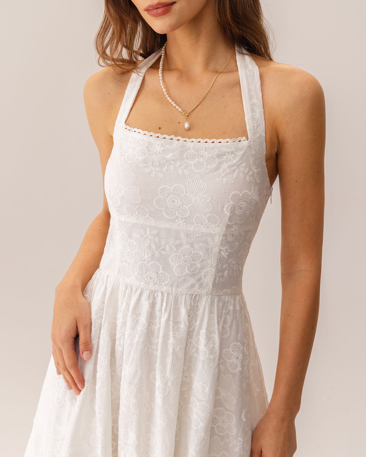 White Embroidery Halter Midi Dress