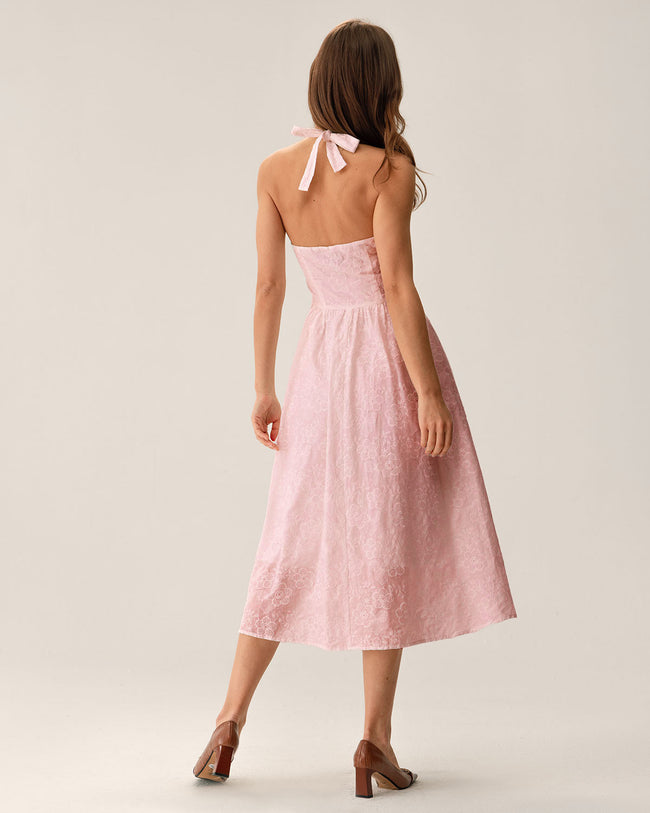 Pink Embroidery Halter Midi Dress