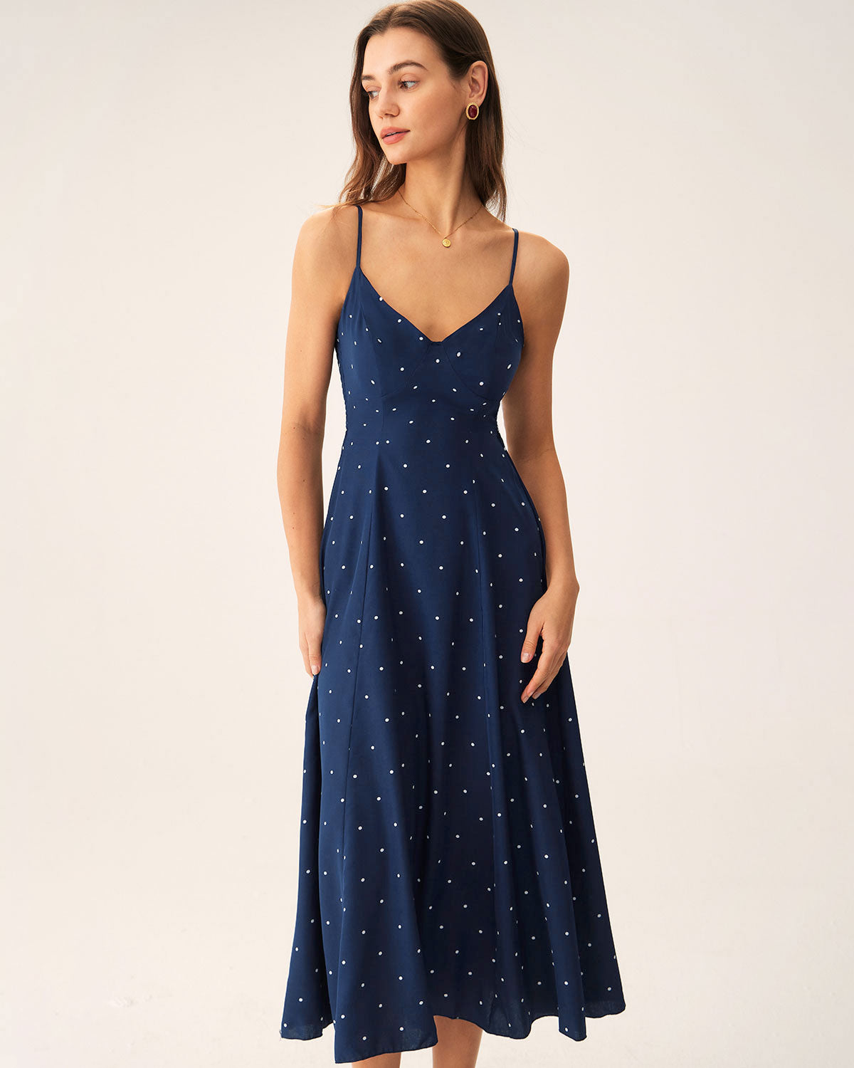 Polka Dot Shirred Slip Midi Dress