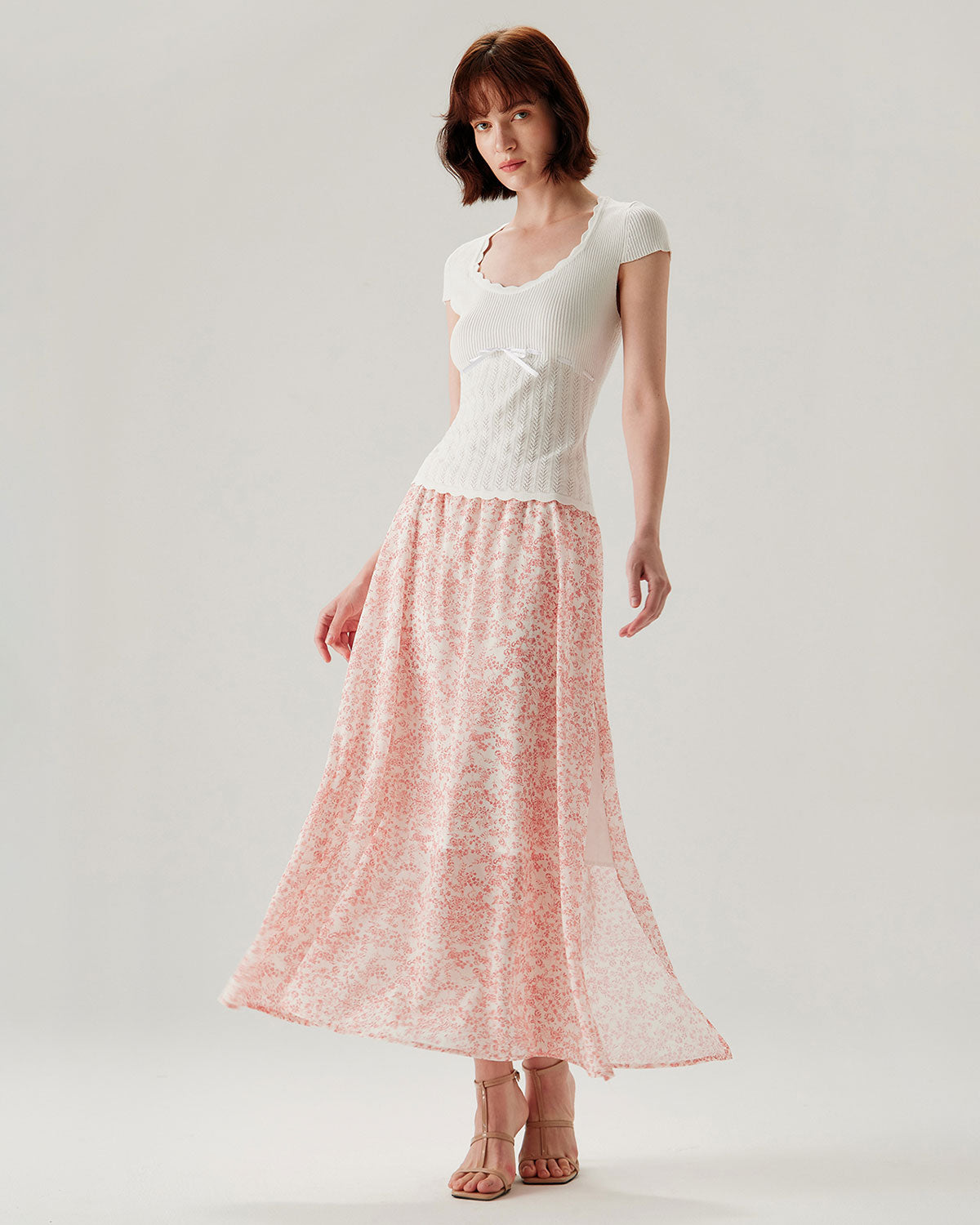 Pink Floral Elastic Waist Flared Skirt