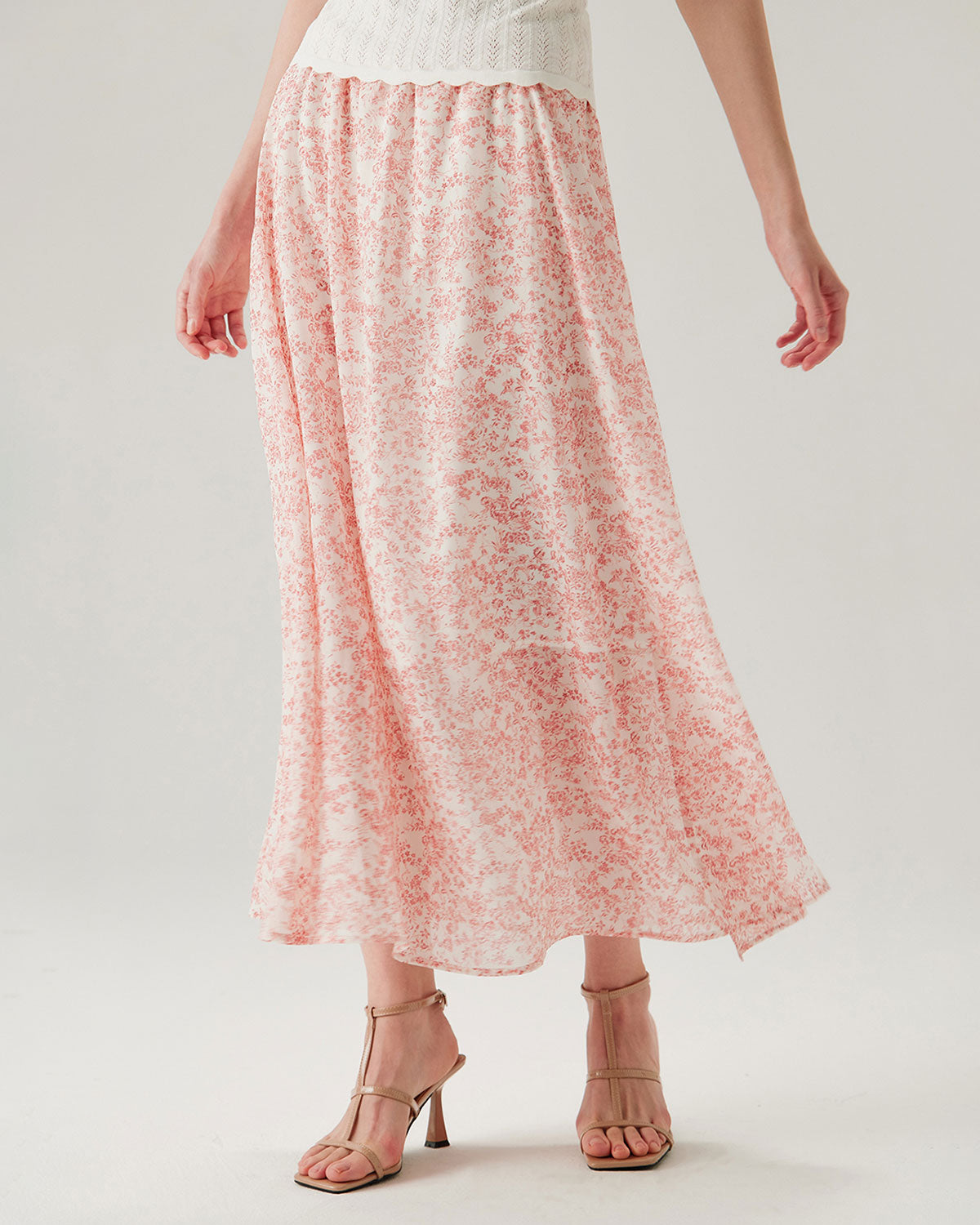 Pink Floral Elastic Waist Flared Skirt