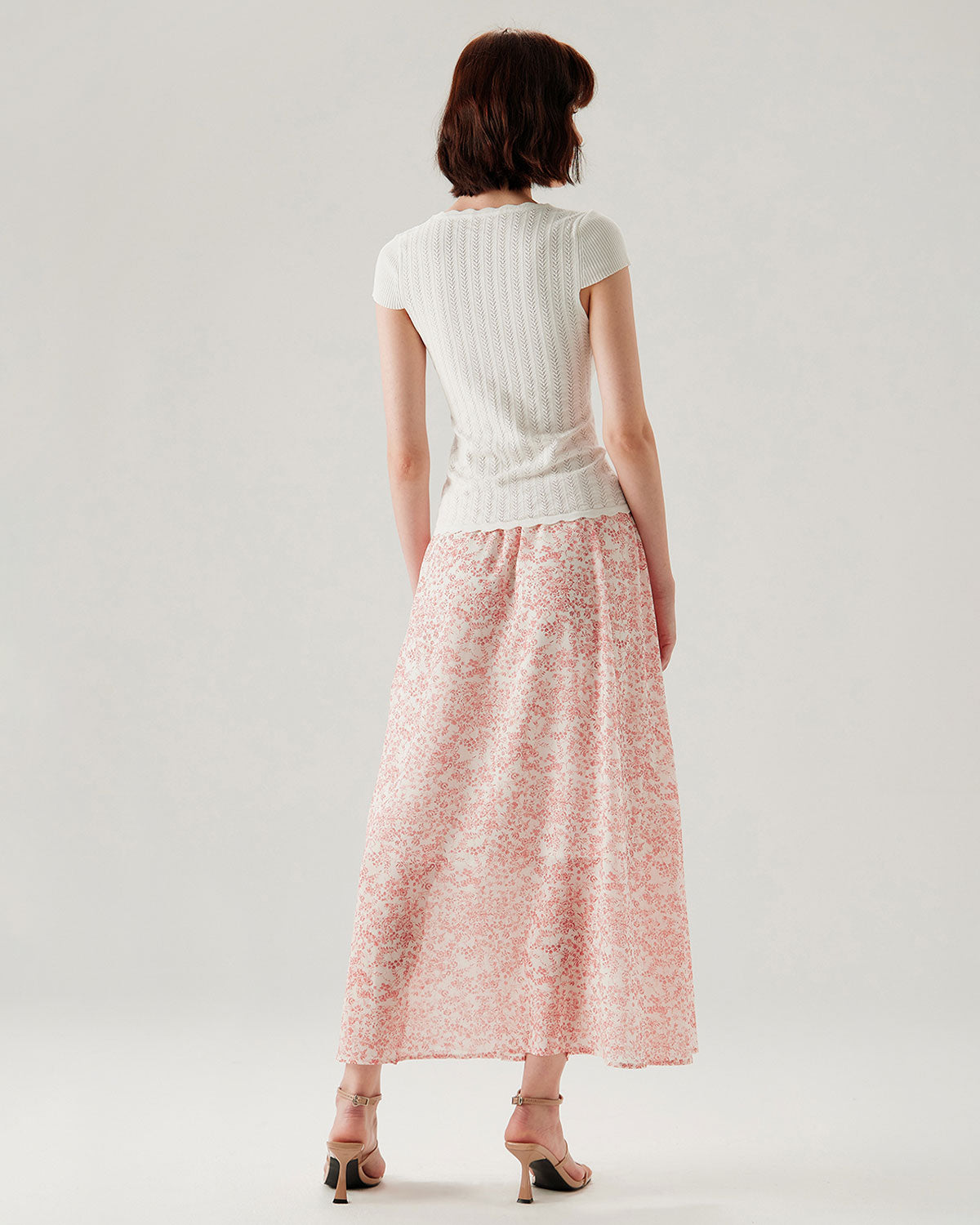 Pink Floral Elastic Waist Flared Skirt
