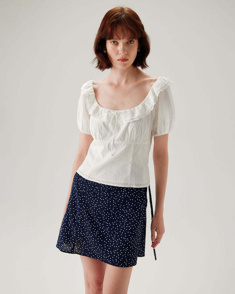 Navy Polka Dot Wrap Mini Skirt