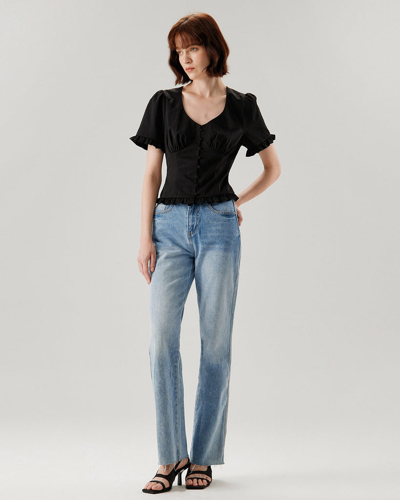 Black V-Neck Ruffle Puffed Sleeve Blouse