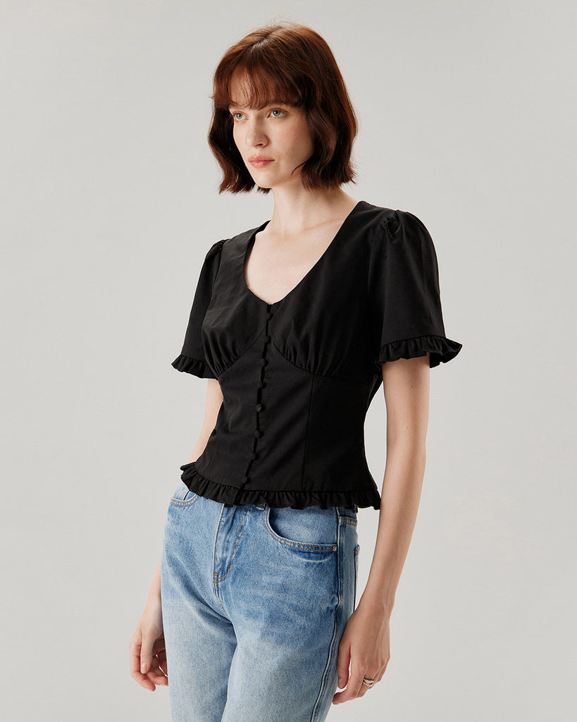 Black V-Neck Ruffle Puffed Sleeve Blouse