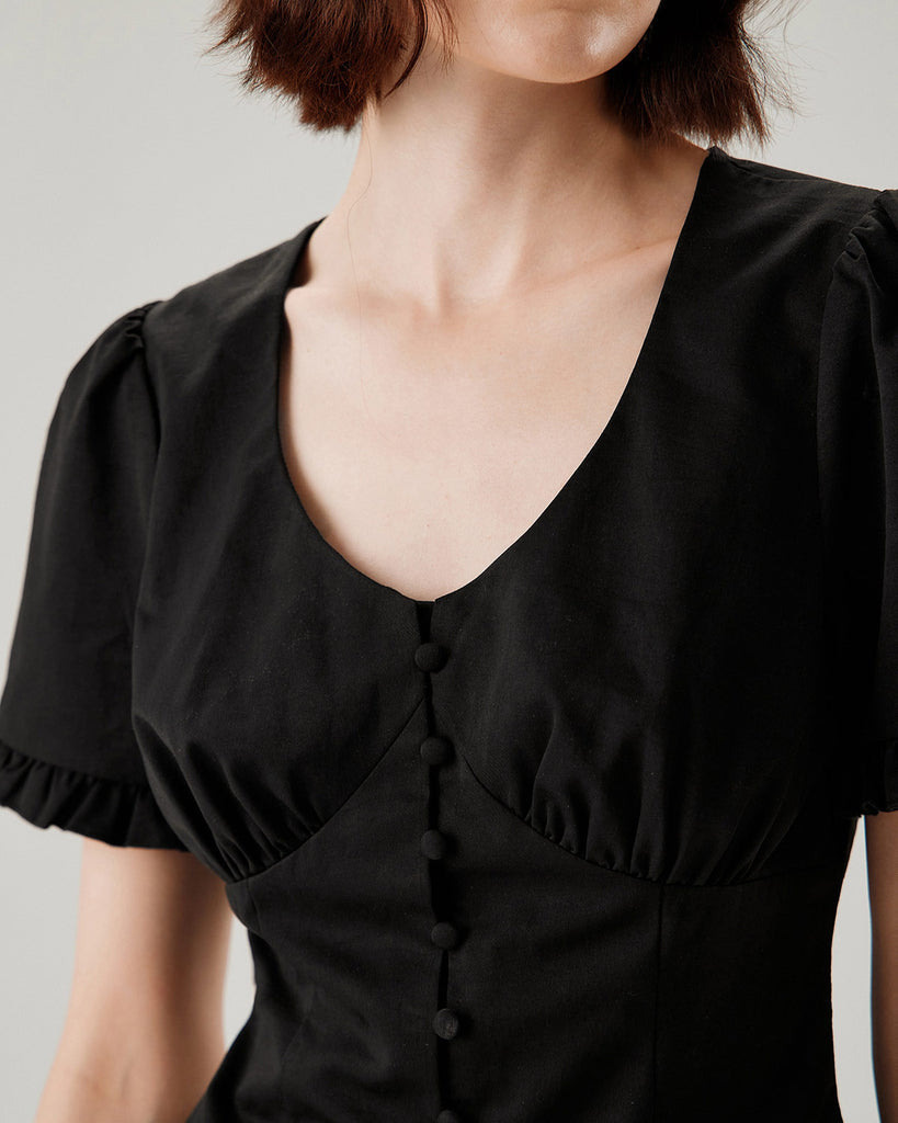 Black V-Neck Ruffle Puffed Sleeve Blouse