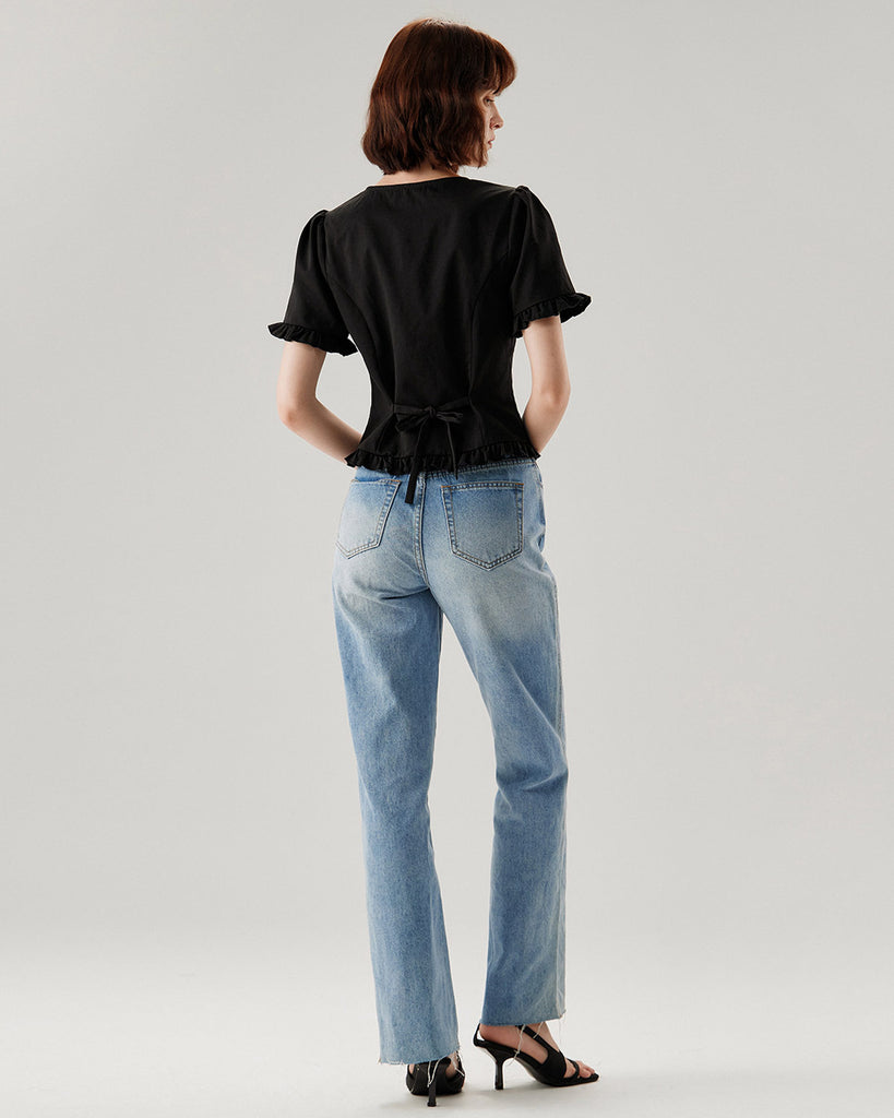 Black V-Neck Ruffle Puffed Sleeve Blouse