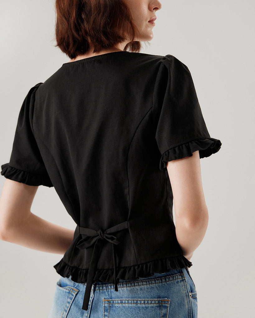 Black V-Neck Ruffle Puffed Sleeve Blouse