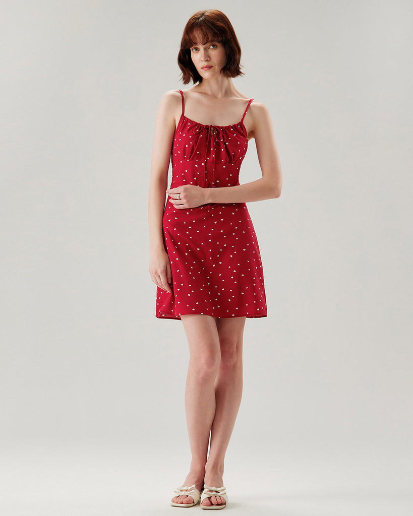 Red Heart Pattern Sweetheart Neck Slip Mini Dress