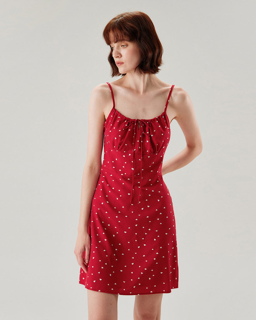 Red Heart Pattern Sweetheart Neck Slip Mini Dress
