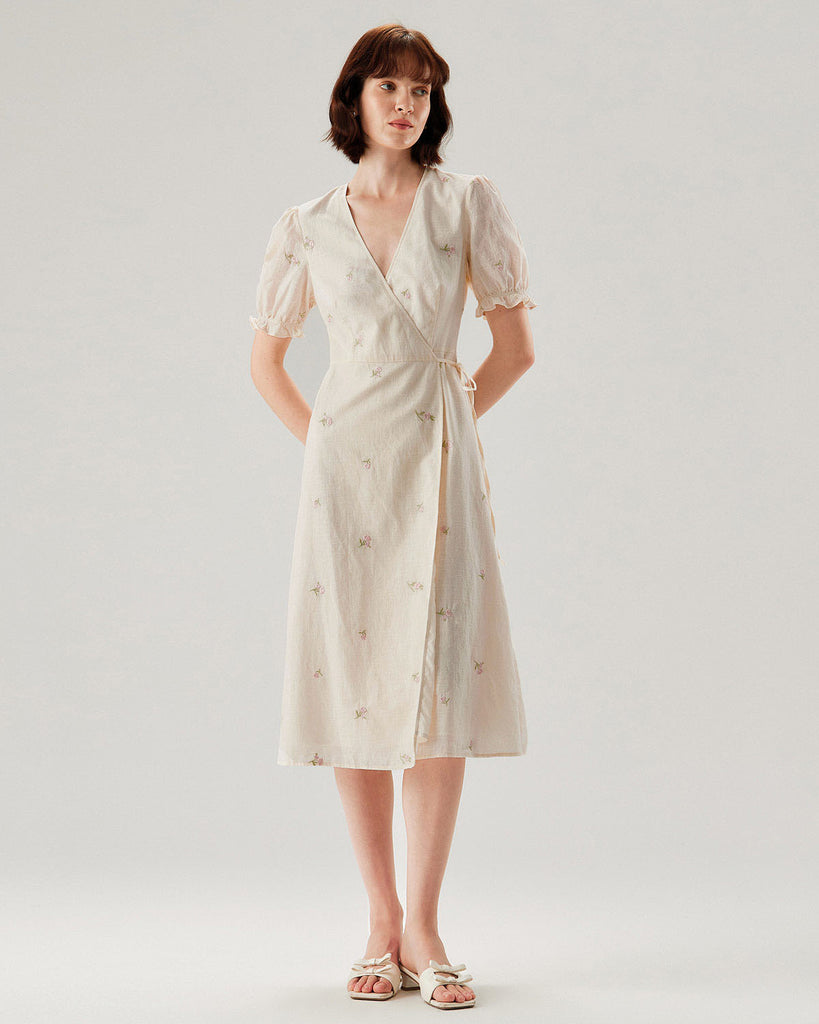 Beige Embroidery Puffed Sleeve Wrap Midi Dress