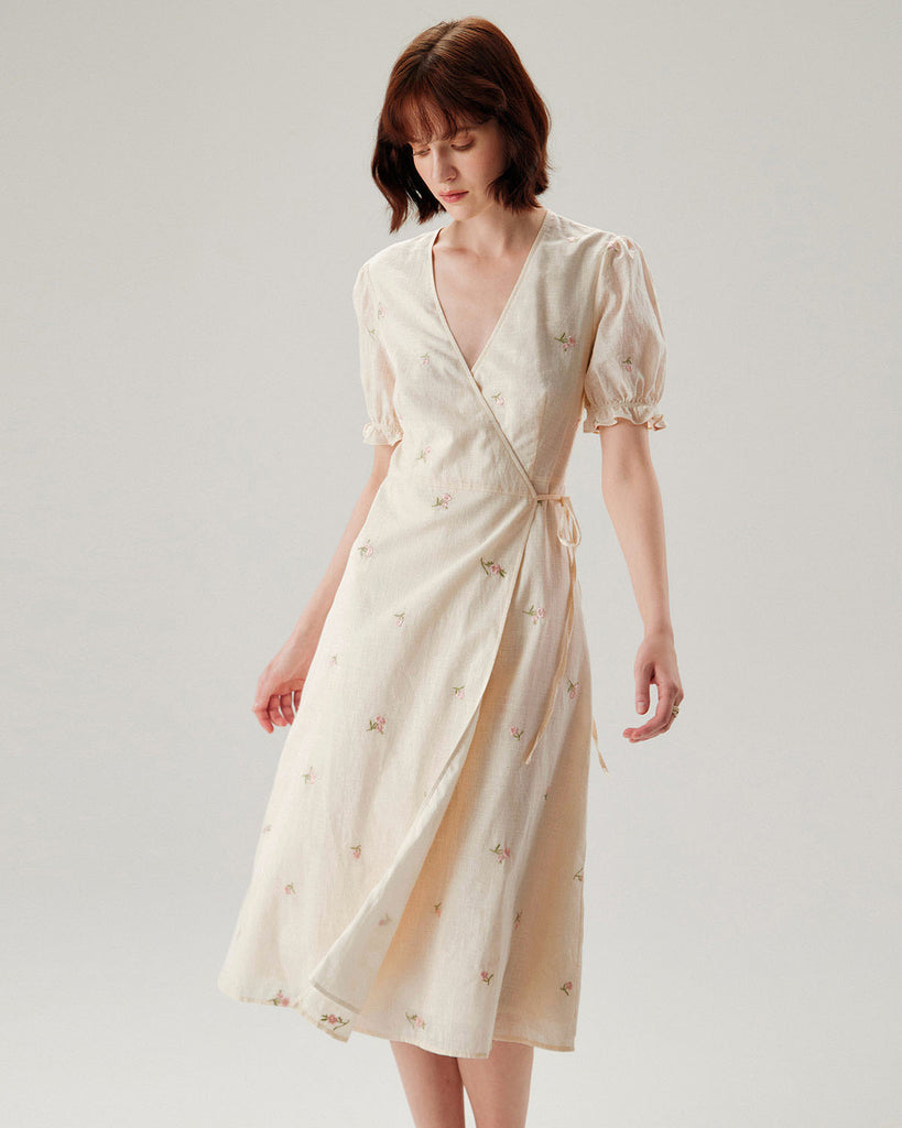 Beige Embroidery Puffed Sleeve Wrap Midi Dress
