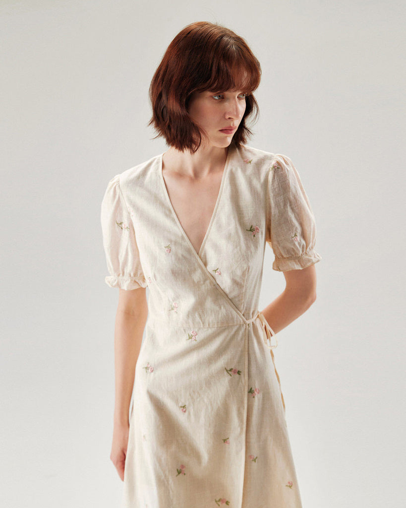 Beige Embroidery Puffed Sleeve Wrap Midi Dress