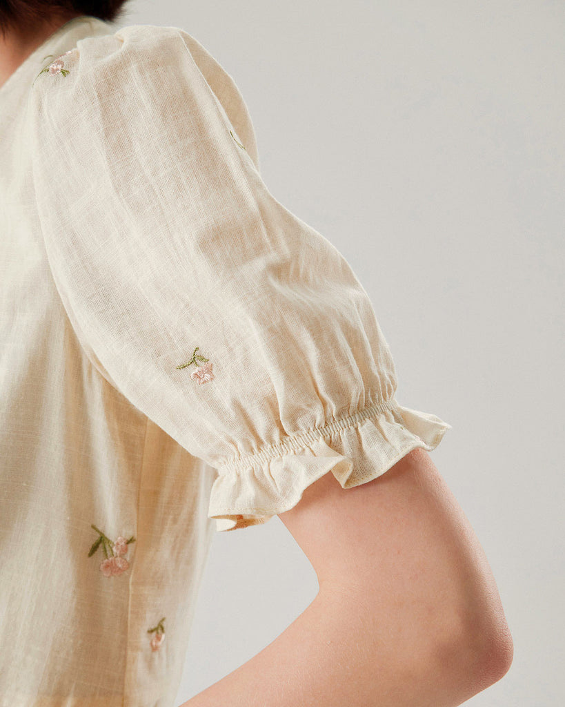 Beige Embroidery Puffed Sleeve Wrap Midi Dress