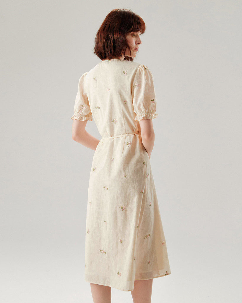 Beige Embroidery Puffed Sleeve Wrap Midi Dress