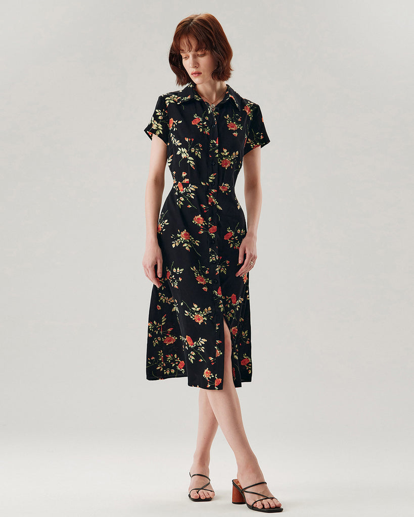 Black Floral Button A-Line Midi Dress