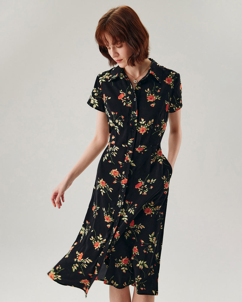 Black Floral Button A-Line Midi Dress