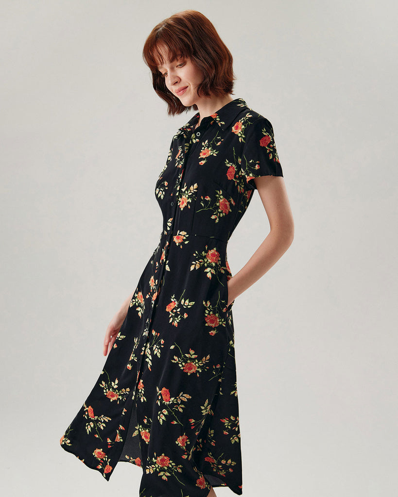 Black Floral Button A-Line Midi Dress