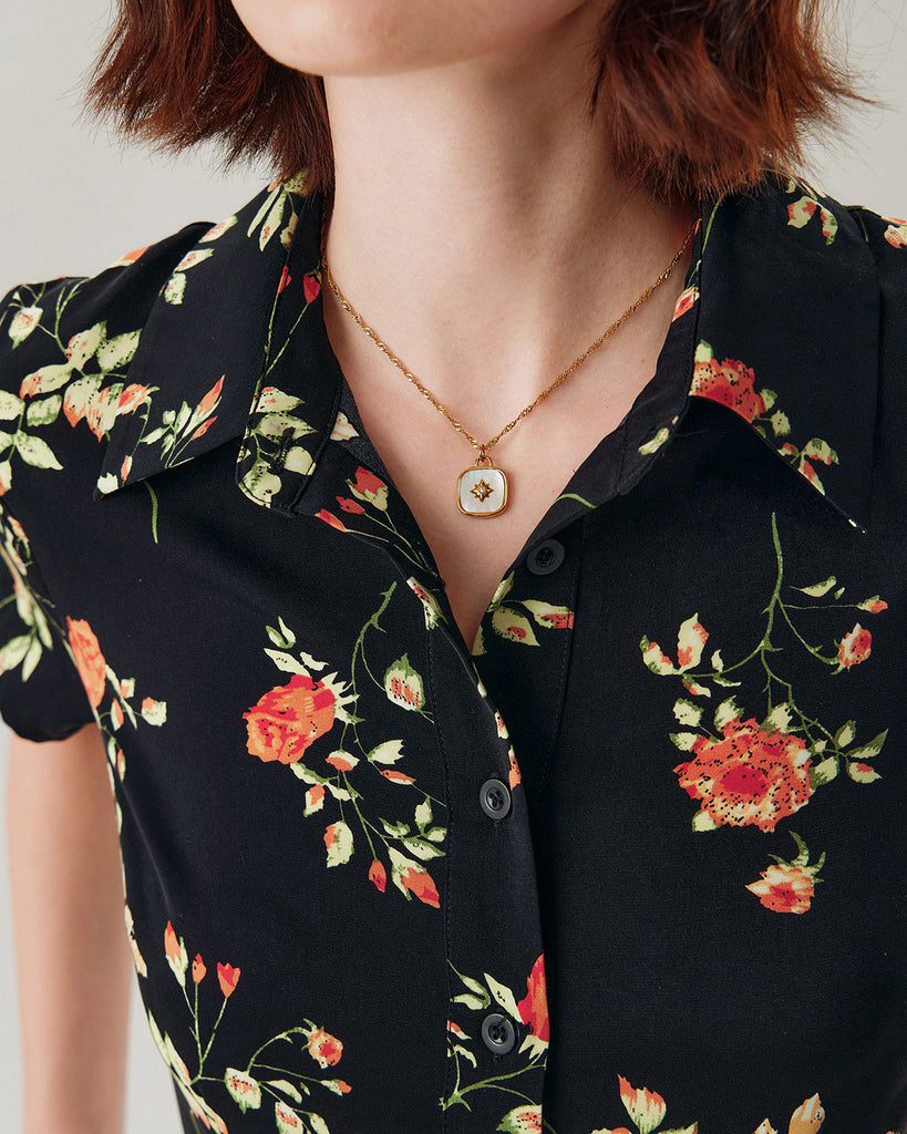 Black Floral Button A-Line Midi Dress