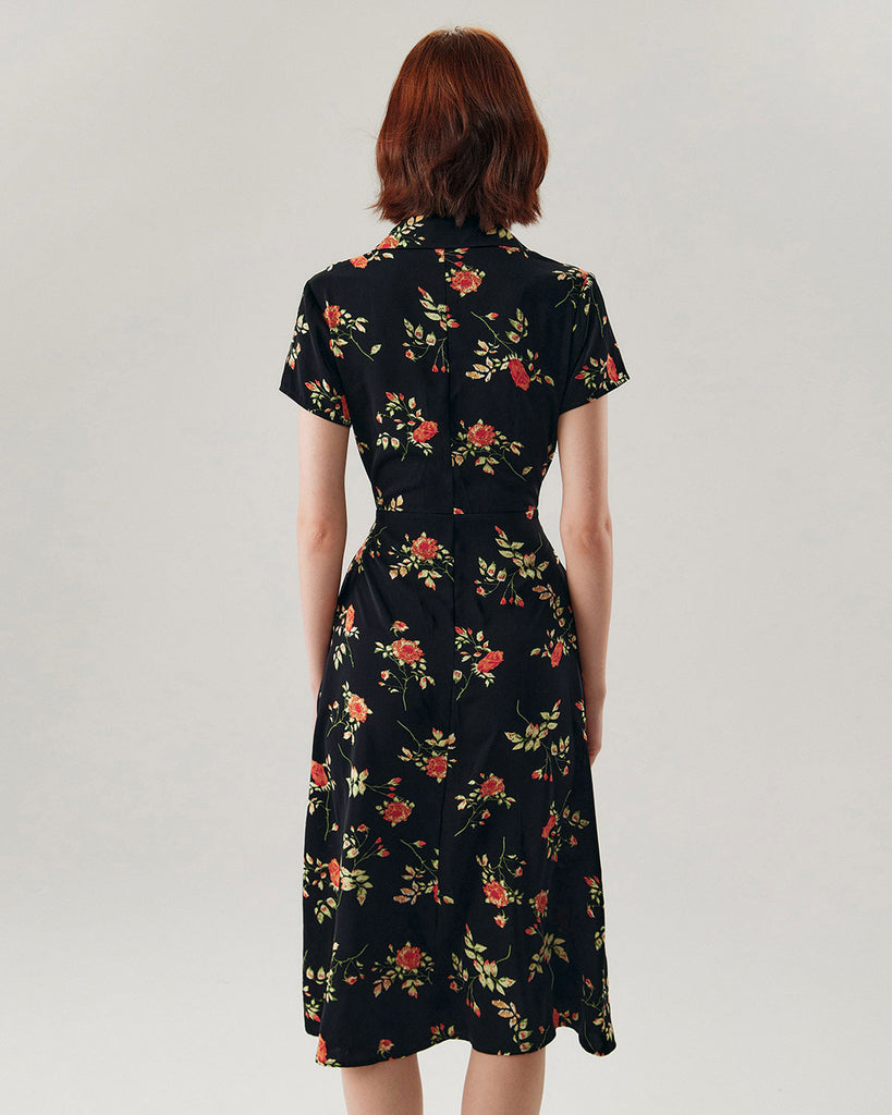 Black Floral Button A-Line Midi Dress