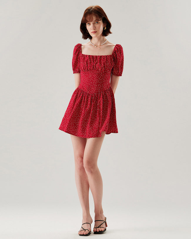Red Polka Dot Square Neck Mini Dress