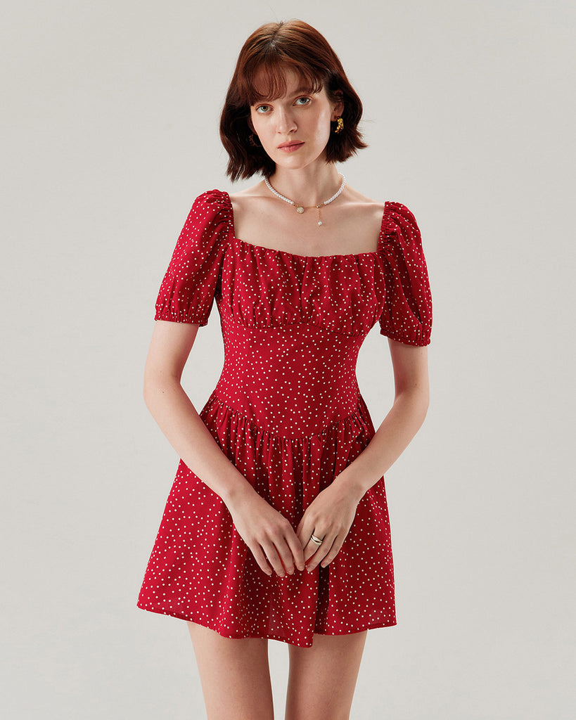 Red Polka Dot Square Neck Mini Dress