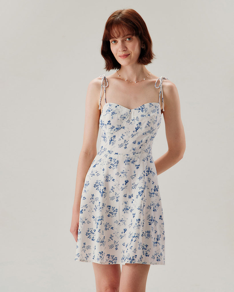 White Floral Shirred Tie Strap Mini Dress
