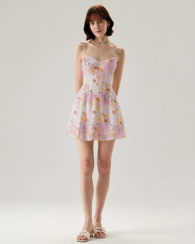 Pink Floral Sweetheart Neck Slip Mini Dress