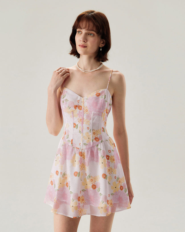 Pink Floral Sweetheart Neck Slip Mini Dress