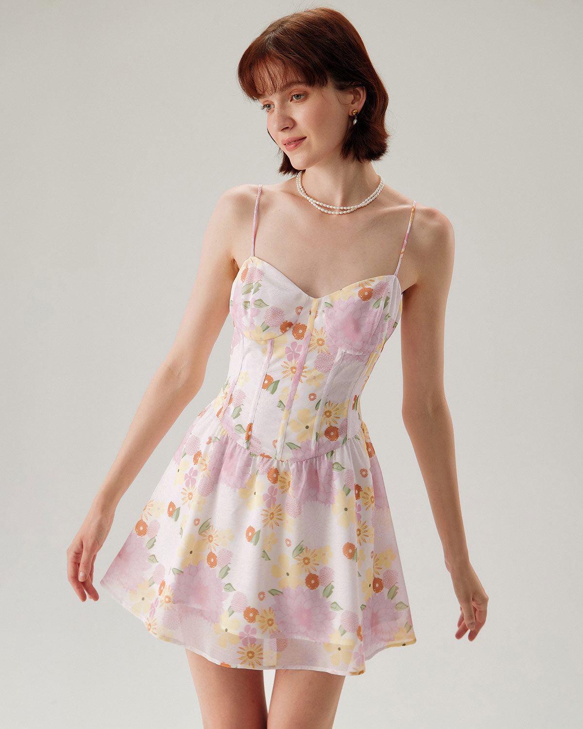 Pink Floral Sweetheart Neck Slip Mini Dress