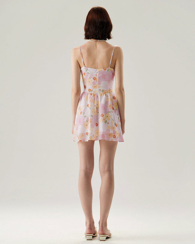 Pink Floral Sweetheart Neck Slip Mini Dress