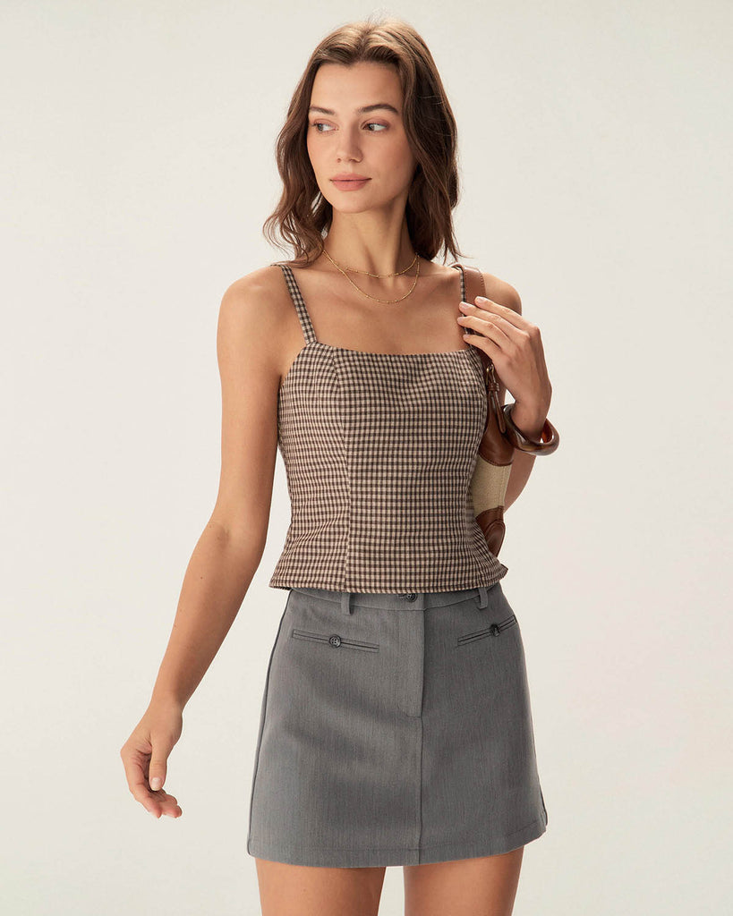 Brown Plaid Shirred Cami Top