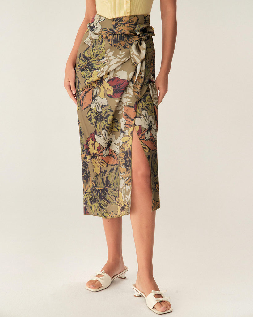 Khaki Floral High Waisted Wrap Midi Skirt