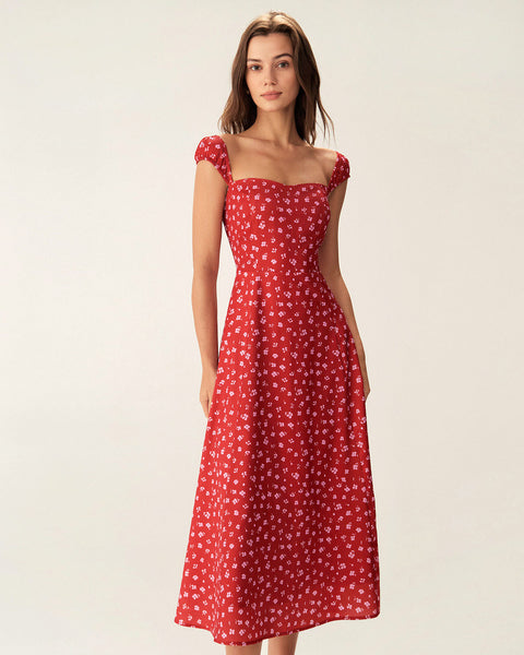 the red sweetheart neck jacquard midi dress Red Floral Sweetheart Neck Cap Sleeve Midi Dress & Reviews - Red - Dresses