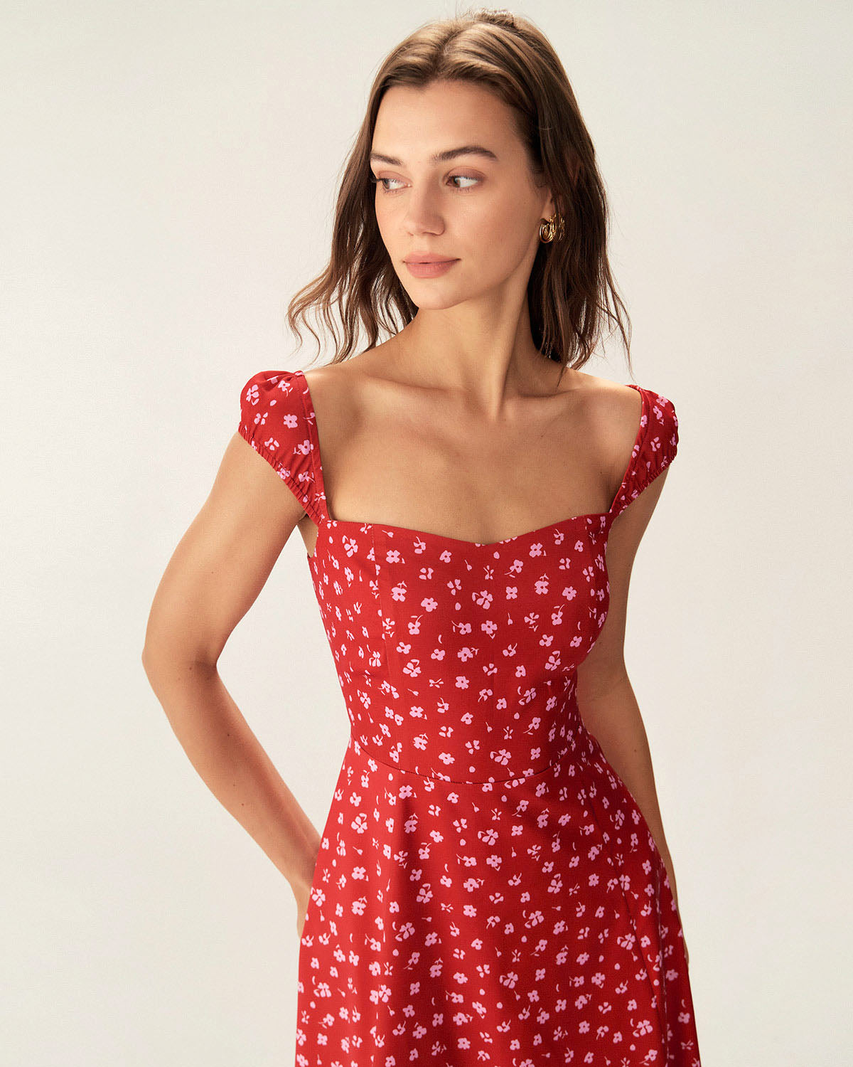 Red Floral Sweetheart Neck Cap Sleeve Midi Dress Red Floral Sweetheart Neck Cap Sleeve Midi Dress