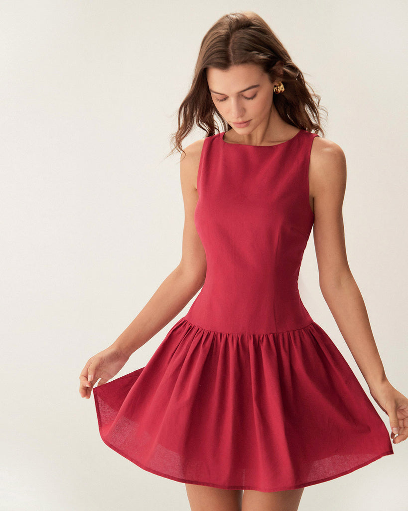 Red Boat Neck Sleeveless Mini Dress