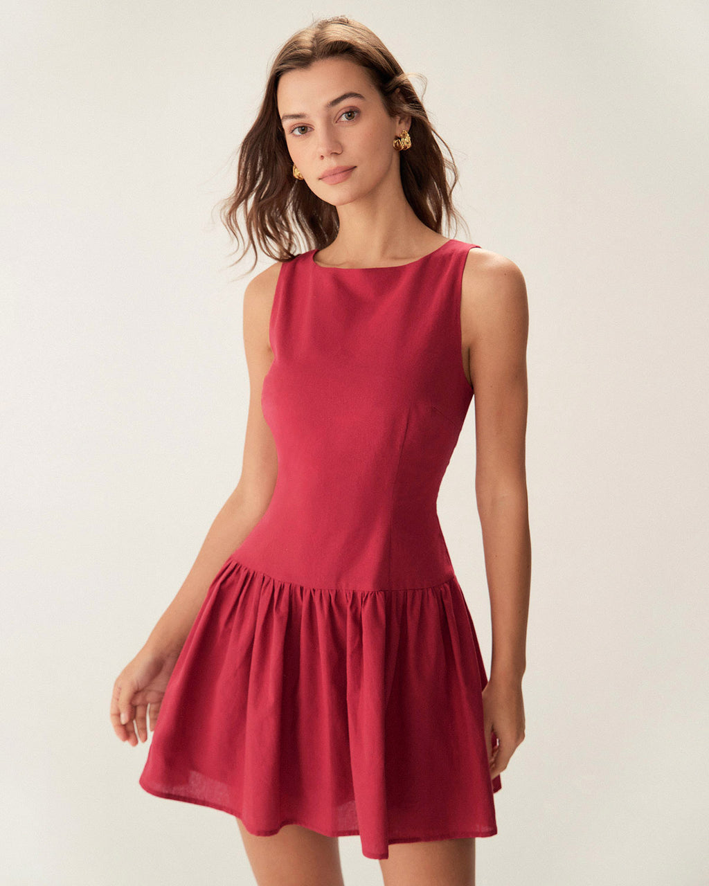 Red Boat Neck Sleeveless Mini Dress