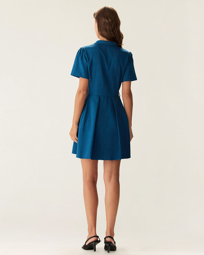 Blue Puffed Sleeve Button Mini Dress