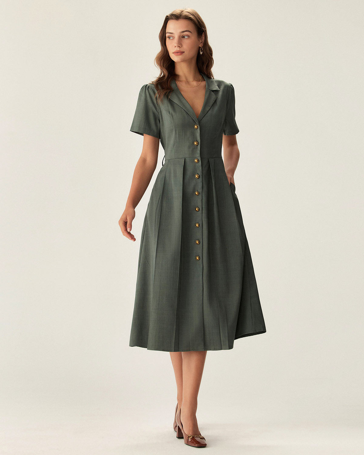 Rihoas V Neck Pleated Button Midi Dress for Women, Green / XS Rihoas V Neck Pleated Button Midi Dress for Women, Green / XS