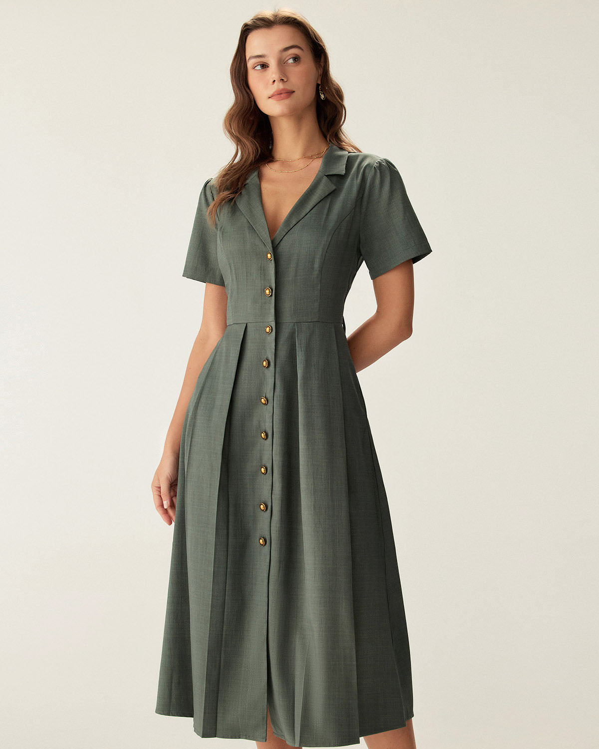 Rihoas V Neck Pleated Button Midi Dress for Women, Green / XS Rihoas V Neck Pleated Button Midi Dress for Women, Green / XS