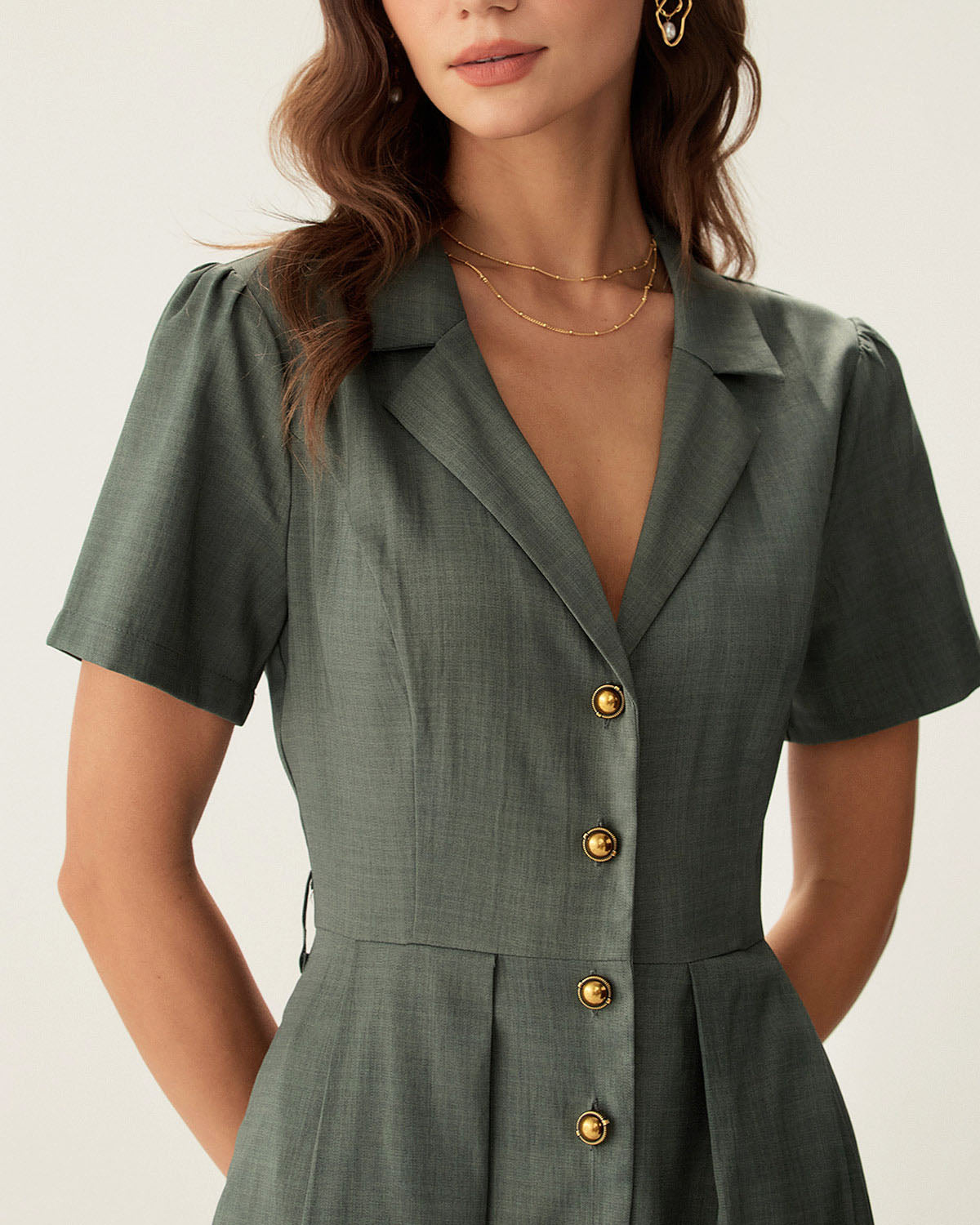 Rihoas V Neck Pleated Button Midi Dress for Women, Green / XS Rihoas V Neck Pleated Button Midi Dress for Women, Green / XS