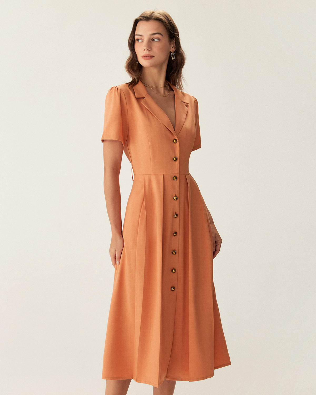 Orange V Neck Pleated Button Midi Dress & Reviews - Blue - Dresses | RIHOAS Orange V Neck Pleated Button Midi Dress & Reviews - Blue - Dresses | RIHOAS