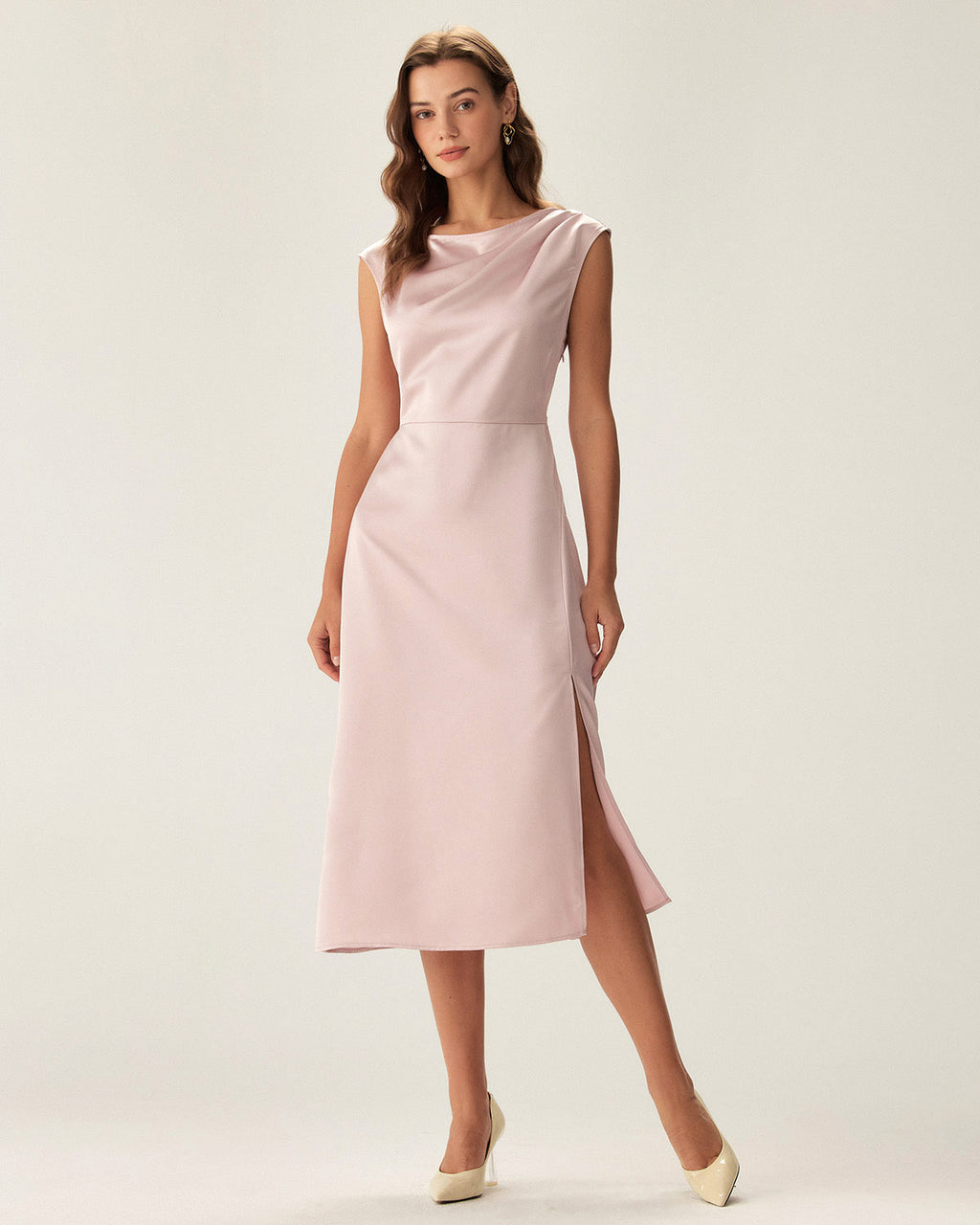 Pink Satin Boat Neck Slit Sleeveless Midi Dress