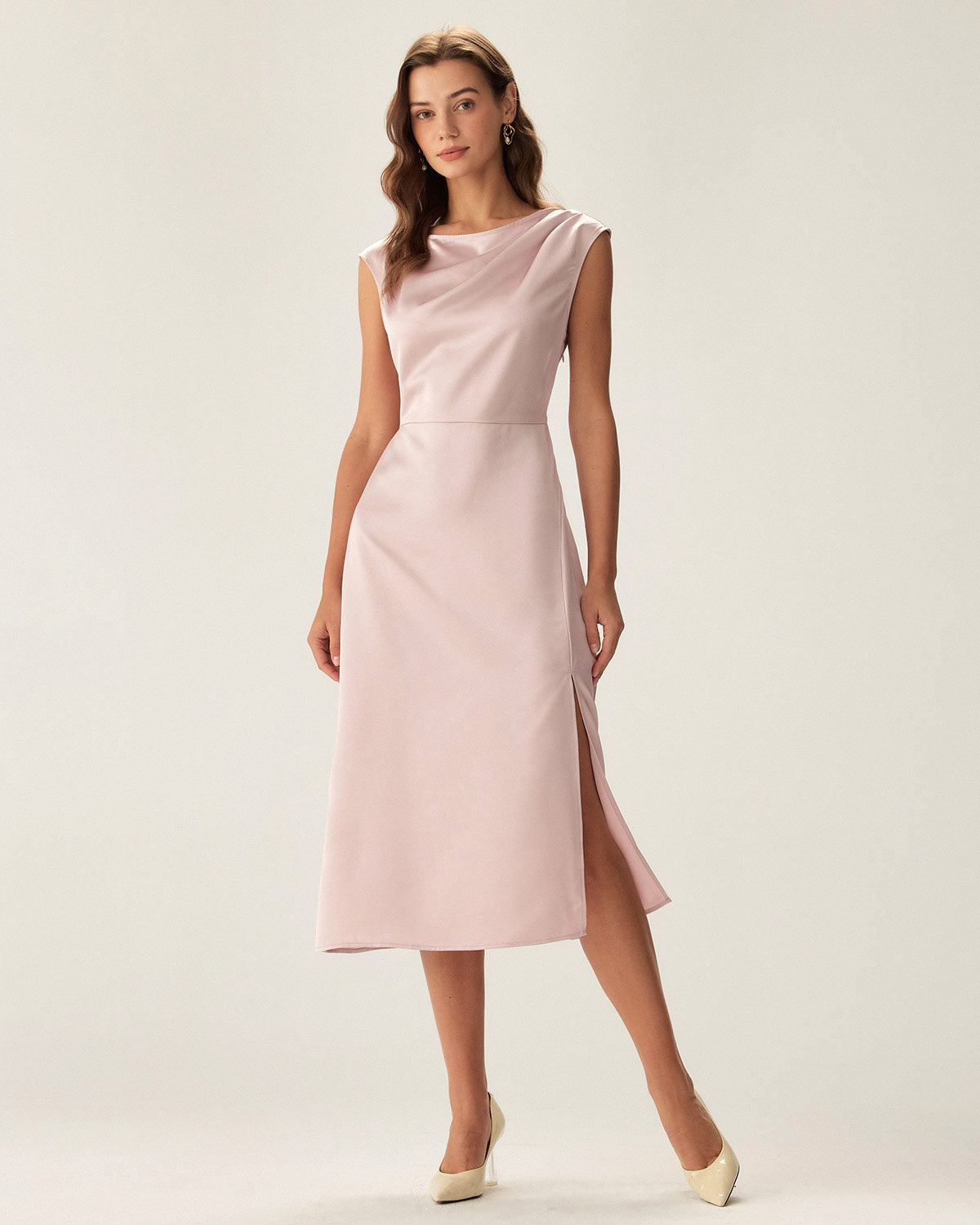 Pink Satin Boat Neck Slit Sleeveless Midi Dress