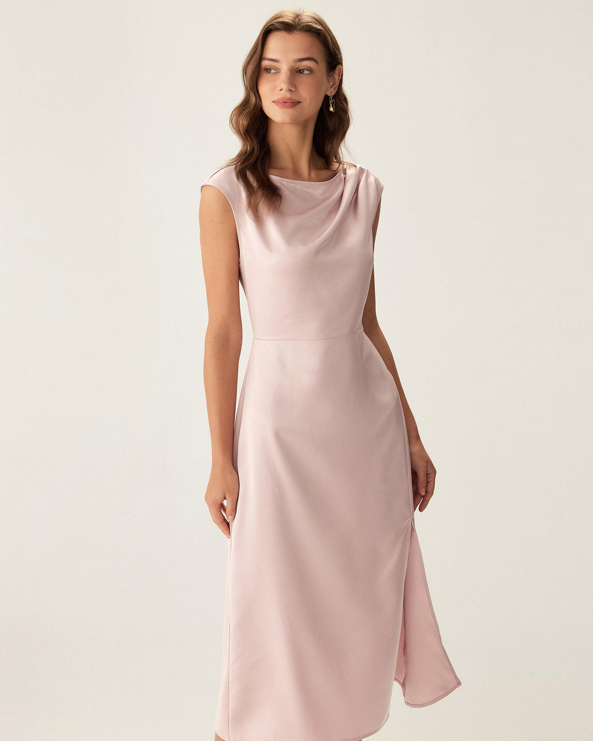 Pink Satin Boat Neck Slit Sleeveless Midi Dress