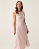 Pink Satin Boat Neck Slit Sleeveless Midi Dress